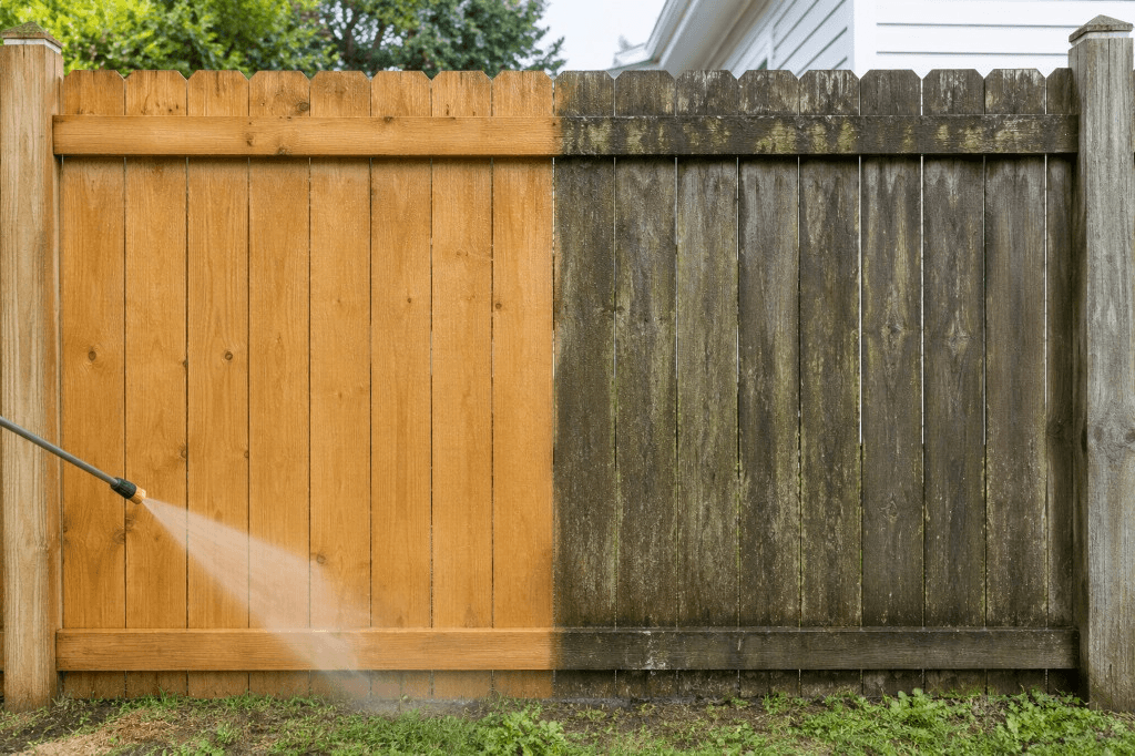Before and after wood fence pressure washing — clean golden planks beside mildew-stained weathered wood